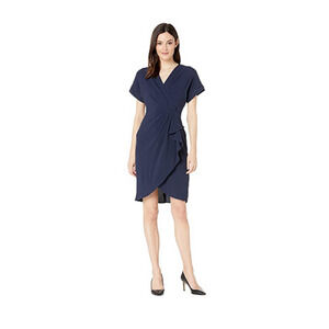 Maggy London Novelty Crepe Faux Wrap Dress Navy Blue Size 8